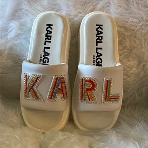 Karl Lagerfeld White Slide Sandals with Multicolor Beading